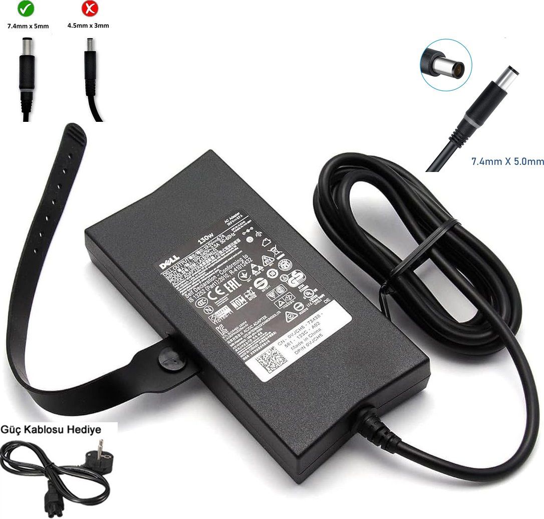 Dell 150W, 19.5V 6.7A LA130PM190, 0GYWCG, 19.5V 6.7A PA-4E DA130PE1-00 LA130PM121 7.4mm x 5.0mm, Kalın uç Orjinal Adaptör FA130PE1-00, DA130PE1-00