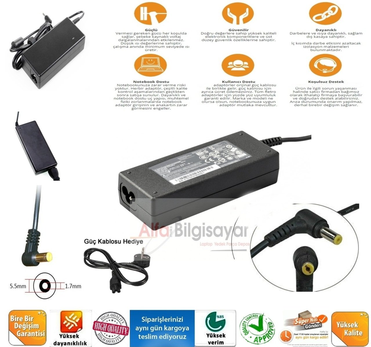 Acer Packard Bell mini netbook  19v 1.58a 5.5.1.7 Notebook Adaptörü, Laptop Adaptörü Adapter Adaptor şarj Cihazı