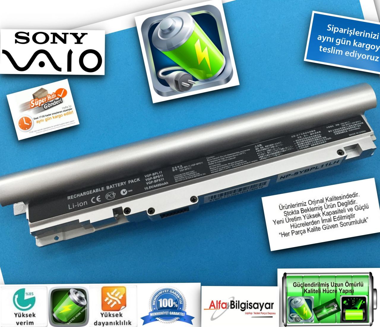 Sony VGN-TZ Serisi VGP-BPS11 VGP-BPL11 VGP-BPX11 Batarya Pil 10.8v  4400 Mh