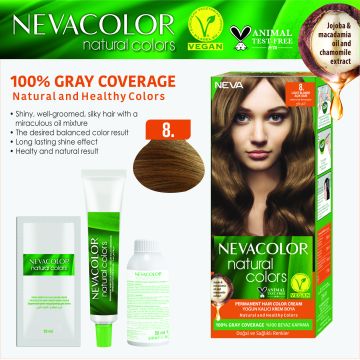 Nevacolor Natural Colors 8. Açık Sarı - Kalıcı Krem Saç Boyası Seti
