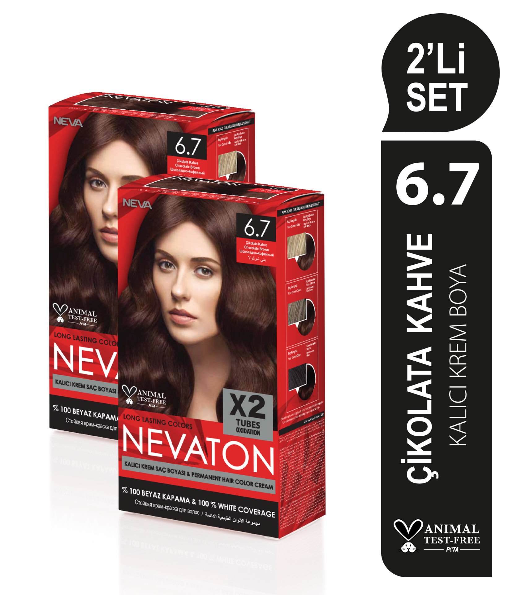 NEVATON 2 x 2'Lİ SET 6.7 ÇİKOLATA KAHVE Kalıcı Krem Saç Boyası Seti (4 boya + 4 oksidan)