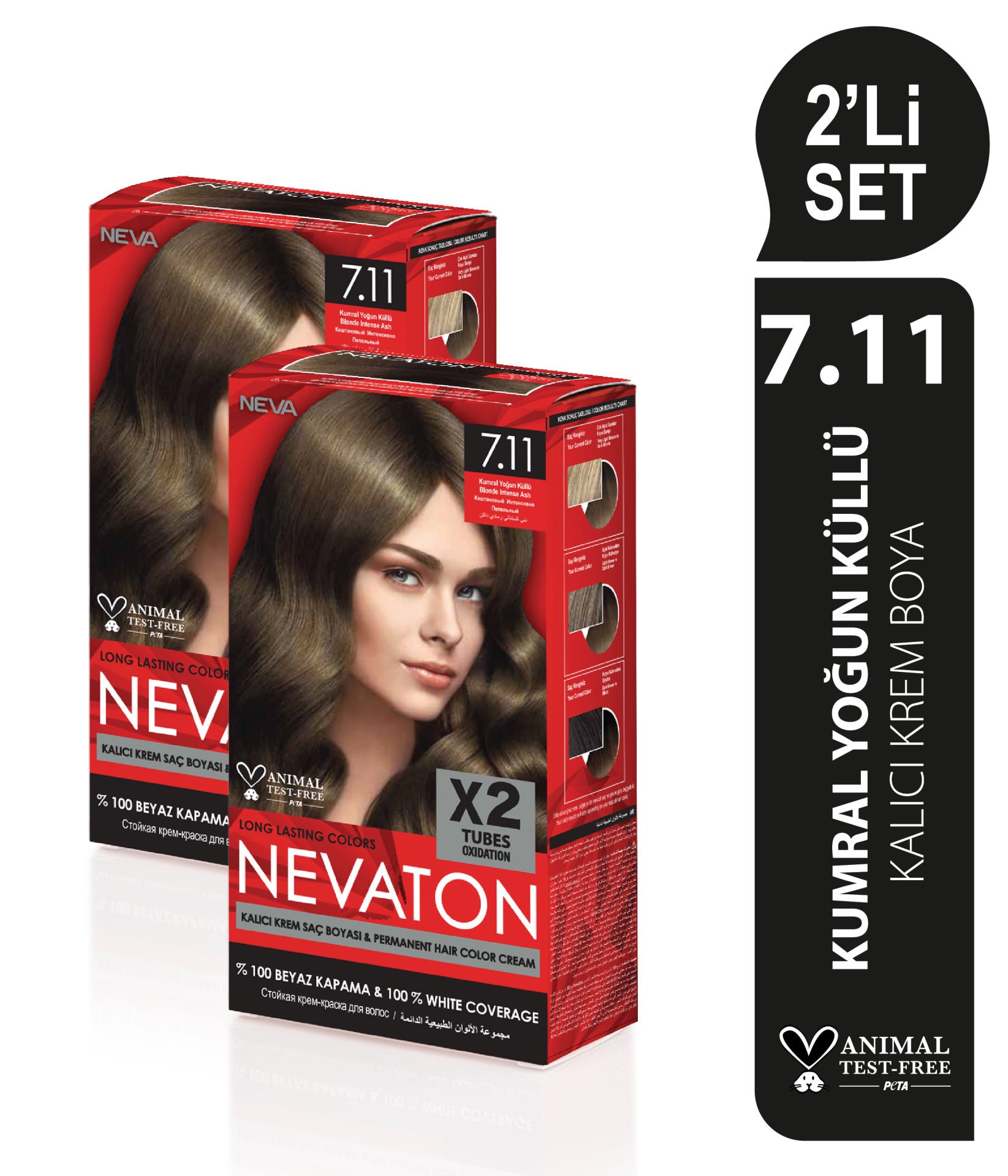NEVATON 2 x 2'Lİ SET 7.11 KUMRAL YOĞUN KÜLLÜ Kalıcı Krem Saç Boyası Seti (4 boya + 4 oksidan)