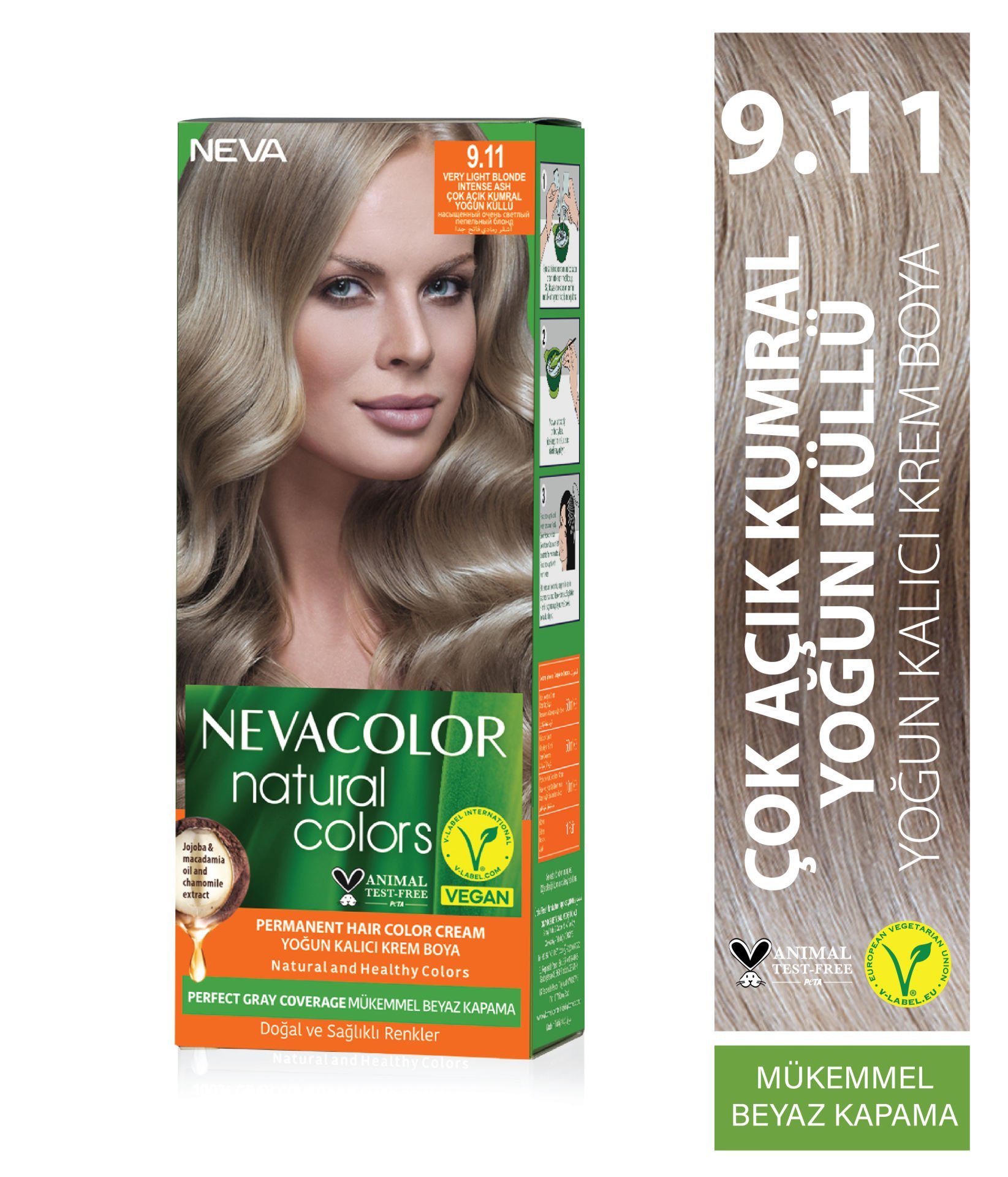 Nevacolor Natural Colors 9.11 Çok Açık Kumral Yoğun Küllü - Kalıcı Krem Saç Boyası Seti
