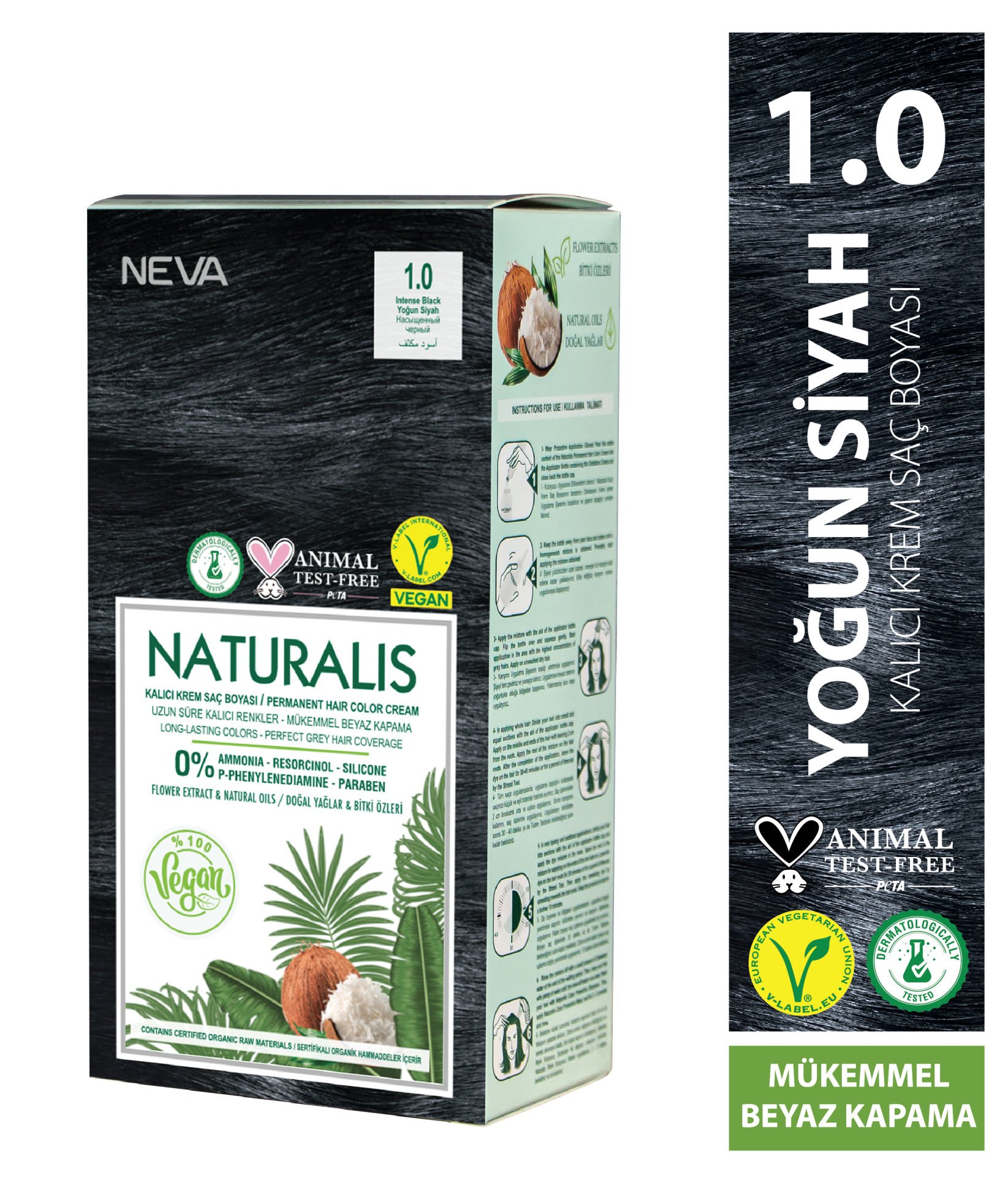 Nevacolor Naturalis Vegan Yoğun Siyah 1.0 Kalıcı Krem Saç Boyası Seti