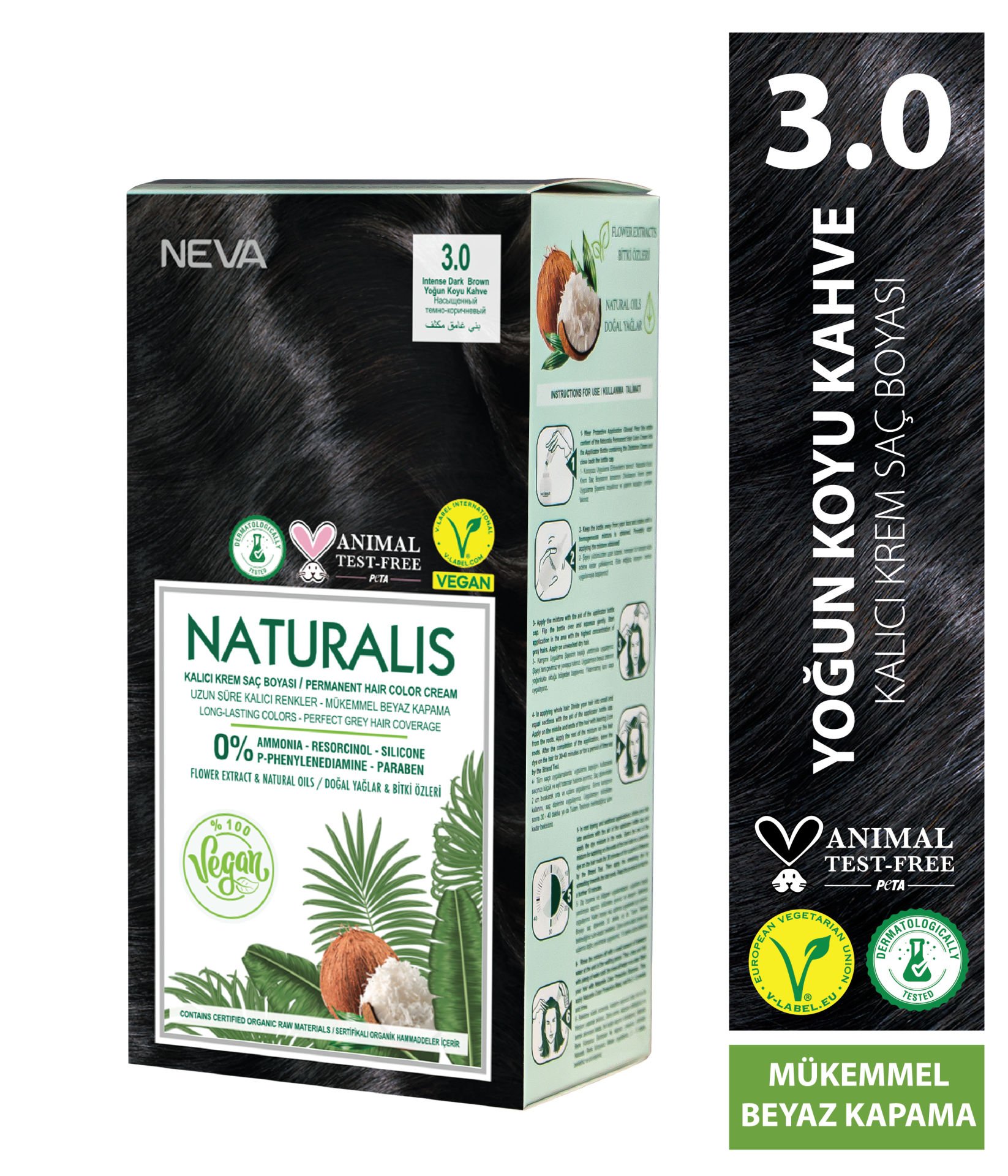 Nevacolor Naturalis Vegan Yoğun Koyu Kahve 3.0 Kalıcı Krem Saç Boyası Seti