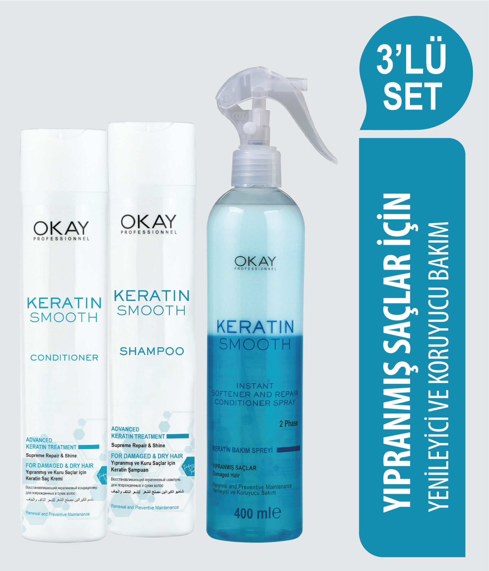 Keratin Smooth Onarıcı Bakım Serisi Şampuan + Saç Kremi + Fön Suyu - 3'lü Set