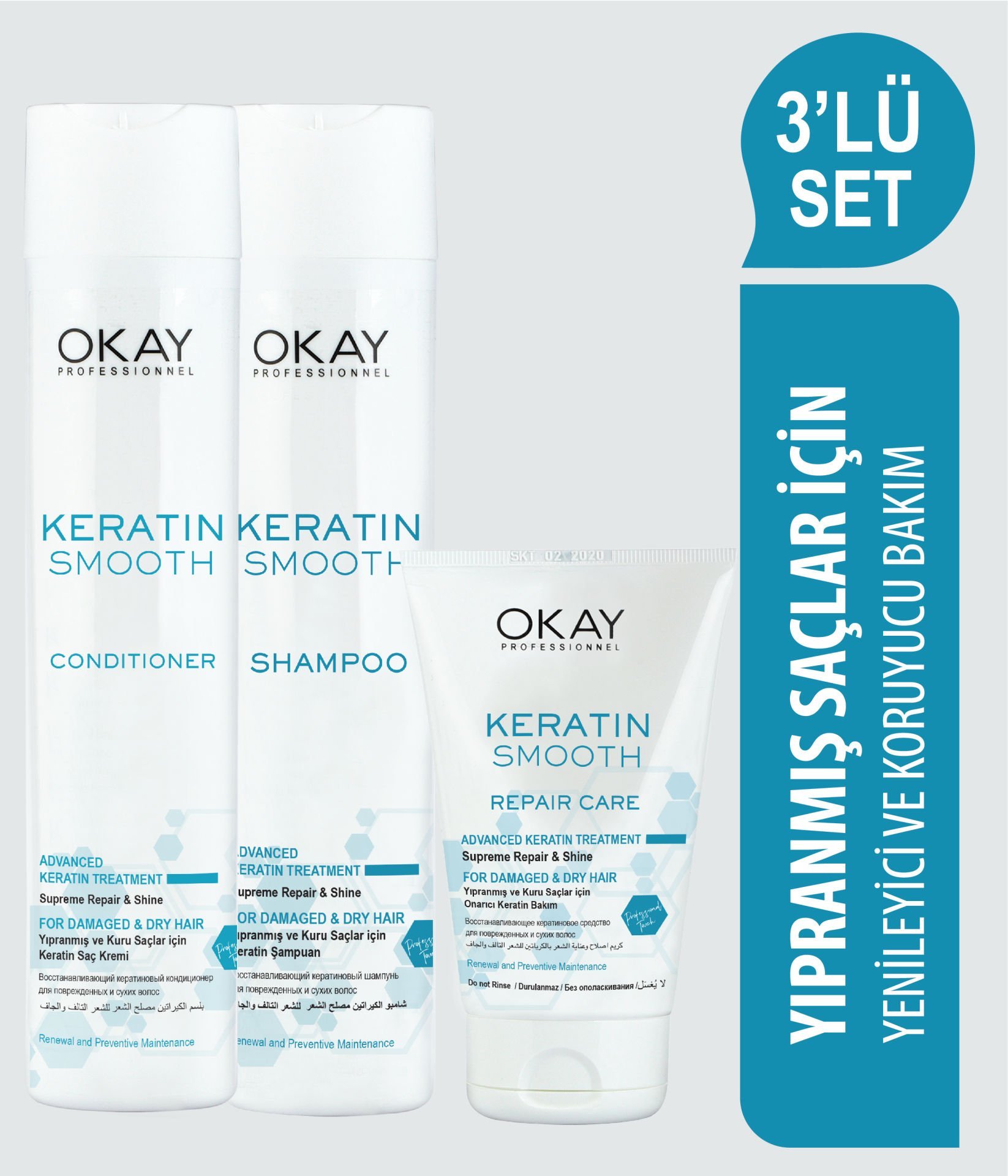 Keratin Smooth Onarıcı Bakım Serisi Şampuan + Saç Kremi + Durulanmayan Bakım Kremi - 3'lü Set