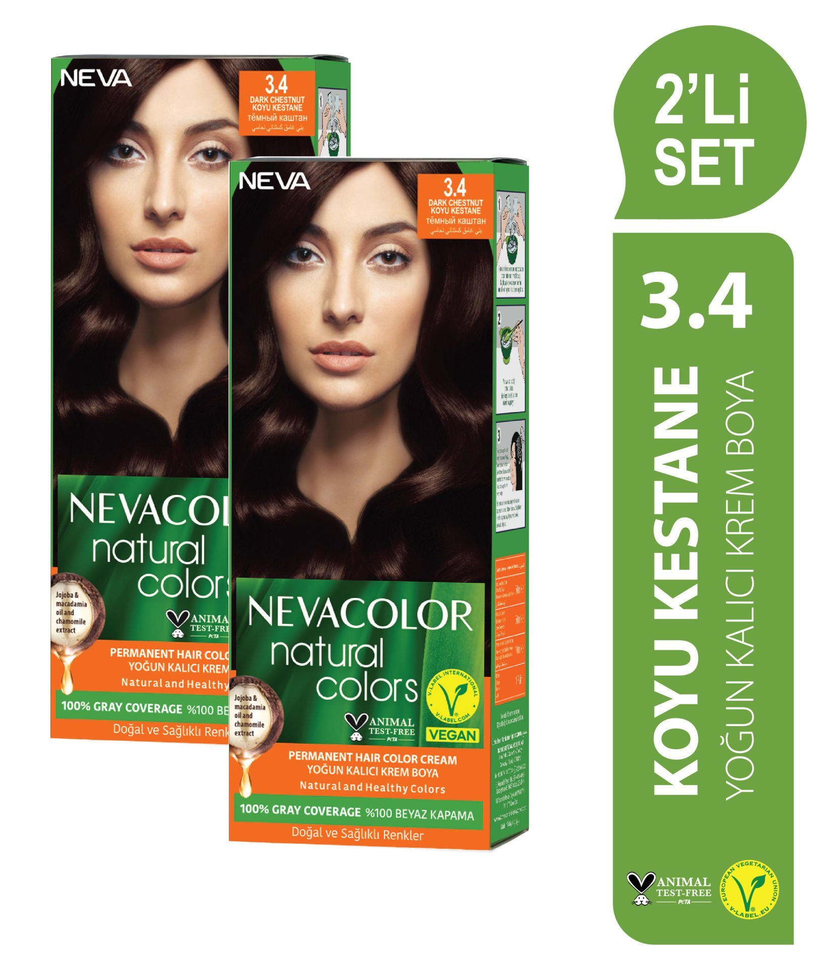 Natural Colors 2'Lİ SET  3.4 KOYU KESTANE Kalıcı Krem Saç Boyası Seti