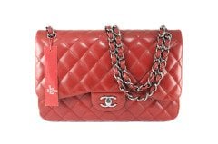 CHANEL Bordeaux Red Lambskin Quilted Jumbo Double Flap Bag