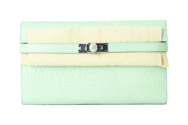 HERMES Kelly Portefeuille Long Alligator Mat Vert D'Eau