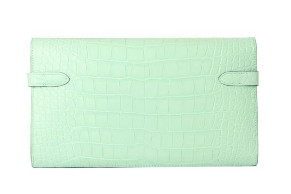 HERMES Kelly Portefeuille Long Alligator Mat Vert D'Eau