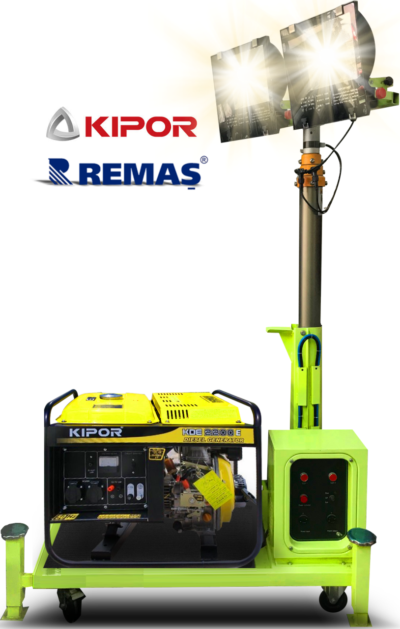 Kipor 2.2 kVA Aydınlatma Kulesi (2 x 250 Watt) Portatif Işık Kulesi Işıldak Marşlı Dizel Jeneratör