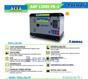 Aksa AAP 12000 PB-3 Marşlı 12 kVA Trifaze Kabinli Dizel Jeneratör