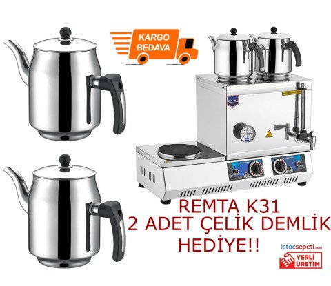 Remta 30 Model Çift Demlikli Çay Kazanı Elektrikli Remta K31 + 2 Adet Demlik Hediye!