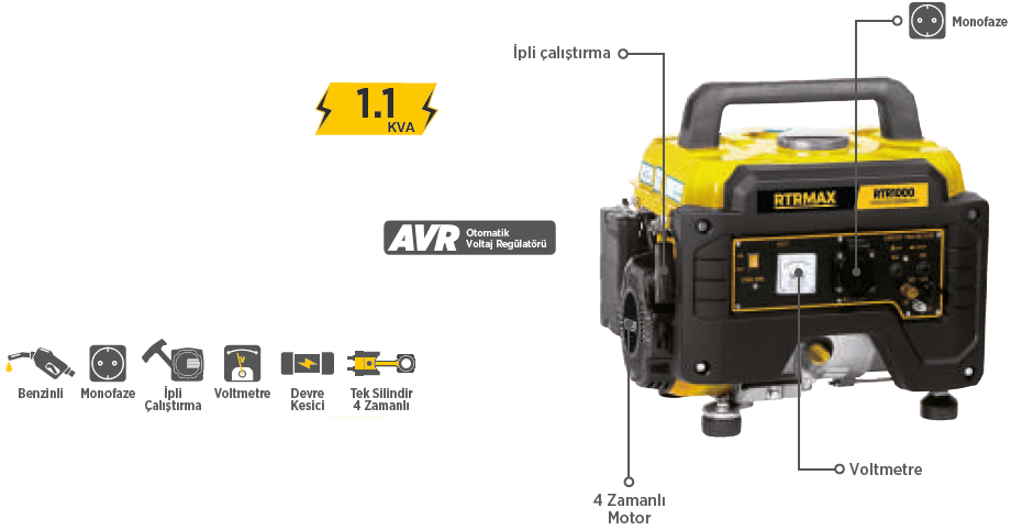 RTRMAX RTR1000 1.1 Kva 0.9 kw 220 V Monofaze 12 V Benzinli Jeneratör