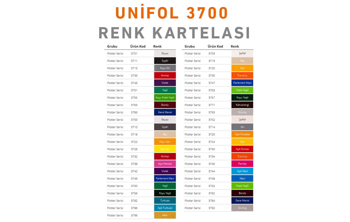 Unifol 3700 Renk Kartelası