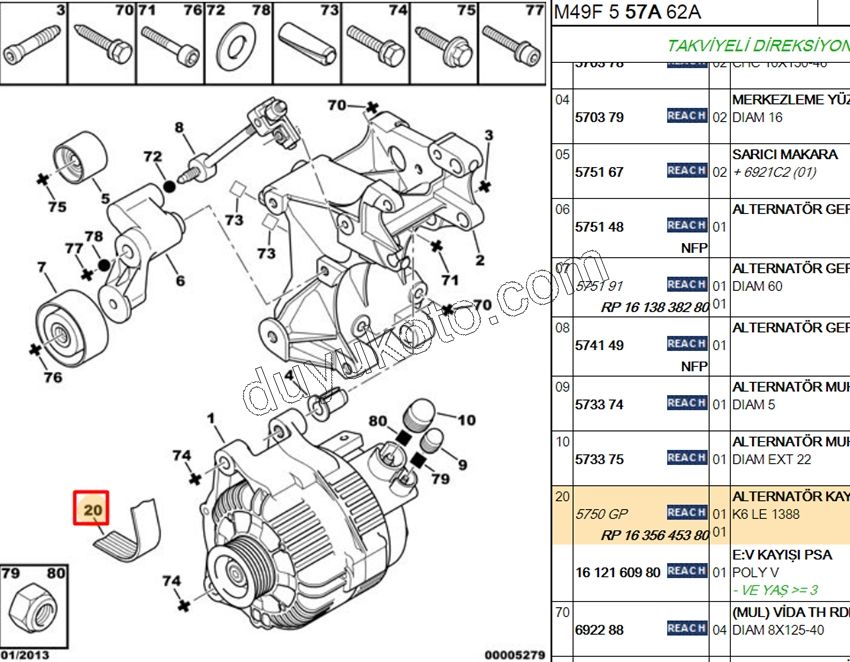 Alternatör V Kayışı 6PK1388 PRT1 1.9D, 1998/2003 Klimasız