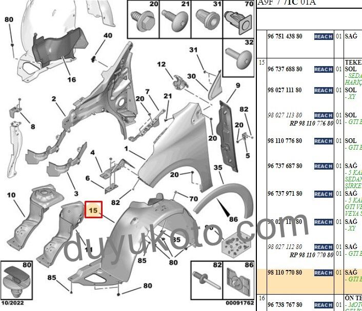 PEUGEOT 208 GTI SAĞ ÖN ÇAMURLUK DAVLUMBAZI 2012-2019