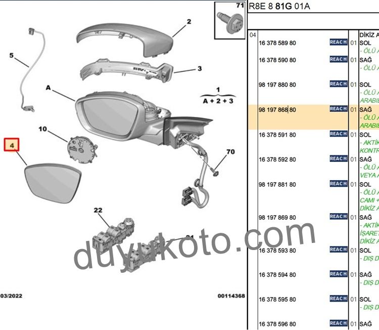 PEUGEOT 508 SAĞ DİKİZ AYNASI CAMI REZİSTANSLI 2018-2022
