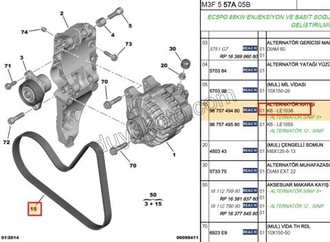 Alternatör V Kayışı 6PK1036 P301 EC5 BENZINLI