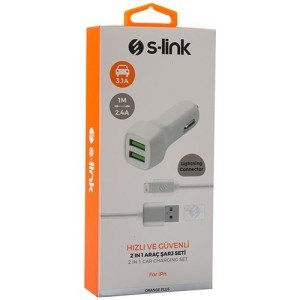 S-Link IP AC30B 5V 3.1A 2A Siyah Araç Şarj Cihazı + Beyaz Lightning Data