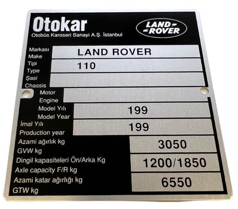 Otokar Defender Araç Tanıtım Şasi No Plaketi 71A00-72058-AC