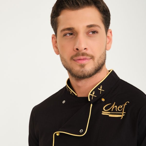 Siyah Altın Varak Chef Likralı Aşçı Ceketi