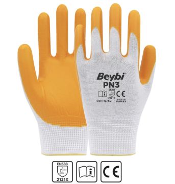 Beybi Pn3 Polyester Astarlı Nitril Eldiven Sarı-Beyaz 1 Koli (288 Adet)