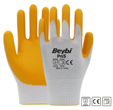 Beybi PN5 Sarı Beyaz Polyester Örme Nitril Eldiven 1 Koli (288 Adet)