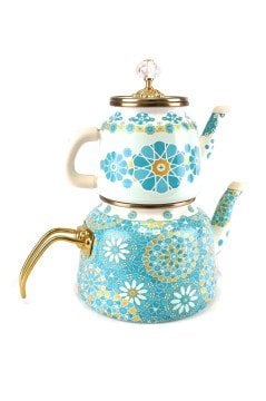 Vintage Çaydanlık Alt-Üst emaye Üst :1,1 Lt. alt 2,6 Lt. Turkuaz