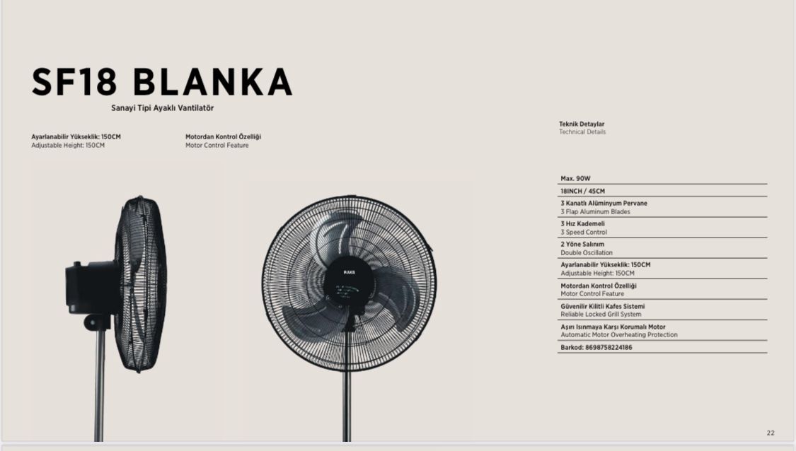 Raks SF 18 Blanka Sanayi Tipi Vantilatör 100W