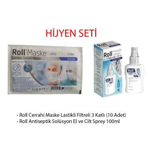 Roll Maske - 3 Katlı Lastikli Yüz Maskesi 5 Adet 5 lik Zarf  + Roll Antiseptik Solüsyon El ve Cilt Sprey 100ml