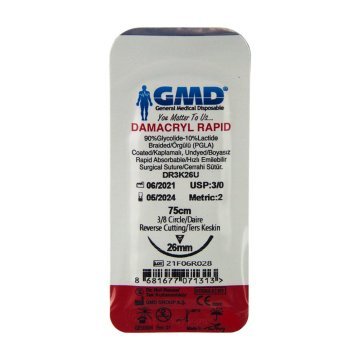 Damacryl Rapid 3/0 26MM Keskin 3/8 75CM Emilebilir İplik