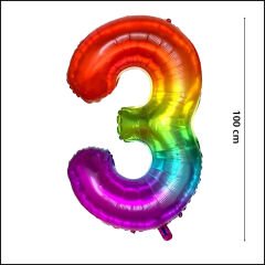 3 Yaş Rakam Folyo Balon, 100 cm - Gökkuşağı