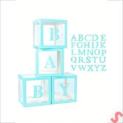 Baby Yazılı Şeffaf Balon Kutusu, 30cm x 4 Adetli Set - Mavi