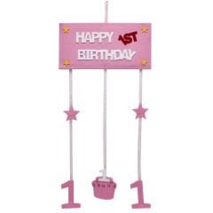 1 Yaş Pastalı Keçe Avize Süs - Pembe -  57,00 cm.