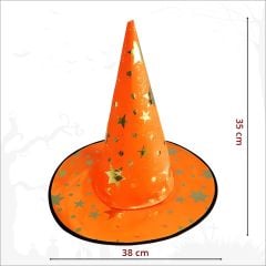 Yıldız Desenli Hallloween Cadı Şapkası, 38cm - Turuncu