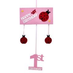 1 Yaş Uğur Böcekli Keçe Avize Süs - Pembe - 57,00 cm.