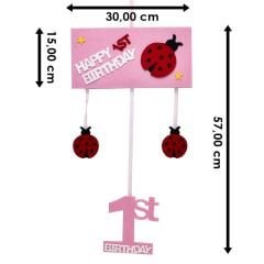 1 Yaş Uğur Böcekli Keçe Avize Süs - Pembe - 57,00 cm.