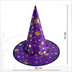 Yıldız Desenli Hallloween Cadı Şapkası, 38cm - Mor