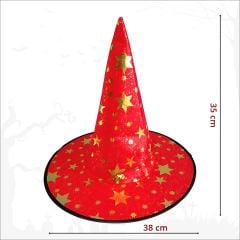 Yıldız Desenli Hallloween Cadı Şapkası, 38cm - Kırmızı