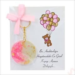 Kartlıklı Pembe Taşlı Epoksi Anahtarlık, Altın - 1 Adet