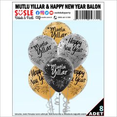 Mutlu Yıllar & Happy New Year Baskılı Balon, 30cm x 8 Adet