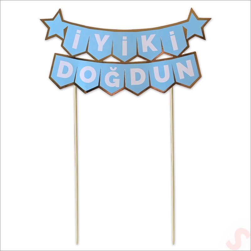 İyi Ki Doğdun Banner Pasta SüSü, Mavi Altın - 22cm x 18cm