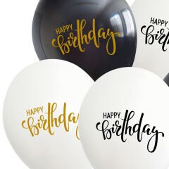 Happy Birthday Baskılı Beyaz ve Siyah, 30cm Balon - 8 Adet