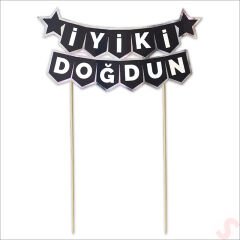 İyi Ki Doğdun Banner Pasta SüSü, Siyah Gümüş - 22cm x 18cm