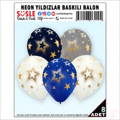 Neon Yıldızlar Baskılı Balon, 30cm x 8 Adet