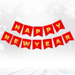 Happy New Year Banner, Altın Baskılı Kırmızı - 2.00 mt