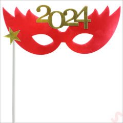 Yılbaşı 2024 Metalik Karton Maske - Kırmızı