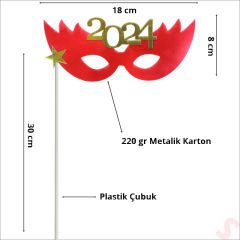 Yılbaşı 2024 Metalik Karton Maske - Kırmızı